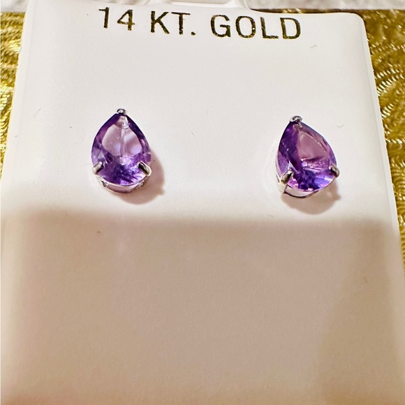 14k solid white gold & 1.94 carats Pear Shaped genuine amethyst earrings - Picture 8 of 12
